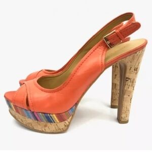 Nine West Women’s Open Toe Christine Slingback Cork Platform Heels 7 M Orange